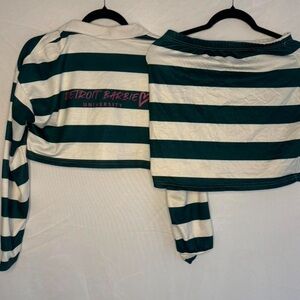 Green and White Striped Crop Top and Skirt Set